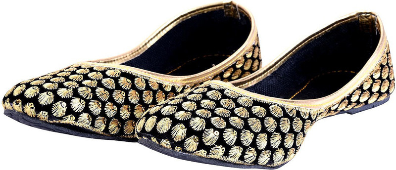 Halowishes Women Zari Work Black Velvet Jaipuri Ballerina Sandals - 112-5 Bellies For Women(Gold, Black)
