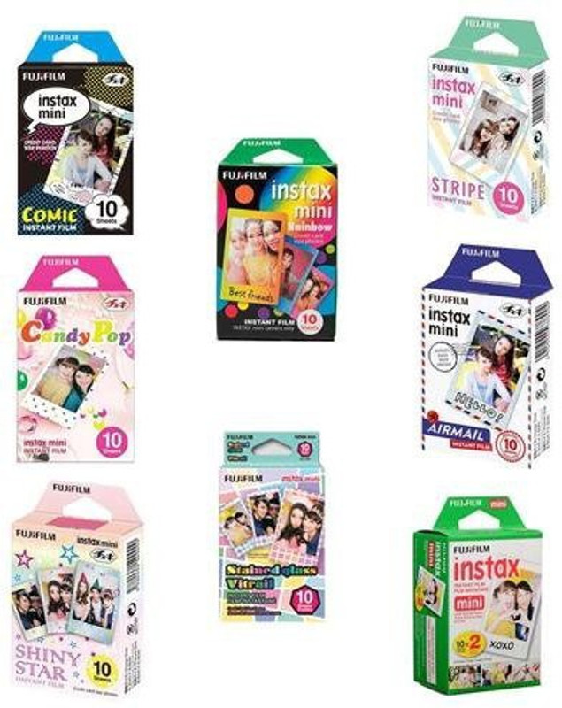 Fujifilm Instax Mini Comic, Rainbow, Stripe, Candy Pop, Airmail, Shiny Star, Stained Glass, Daylight(10X2) Film Roll(Yes 800 ISO Pack of 8)
