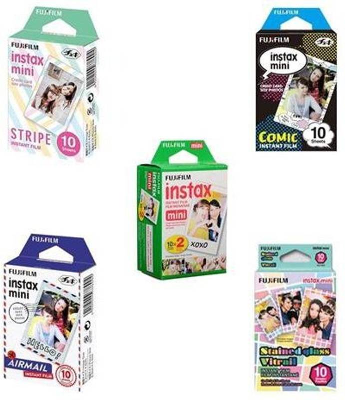 Fujifilm Instax Mini Stripe, Comic, White (10X2), Airmail, Stained Glass Film Roll(Yes 800 ISO Pack of 5)