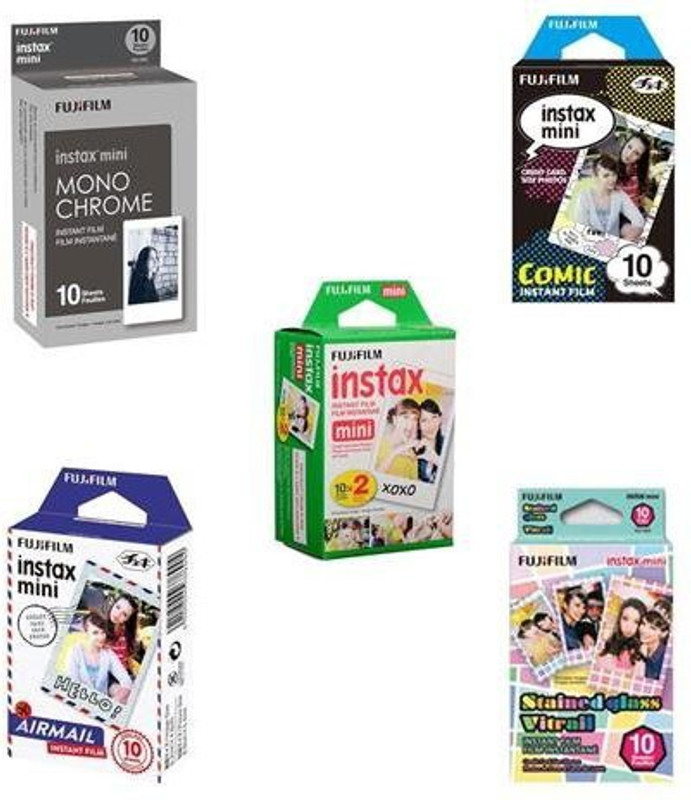 Fujifilm nstax mini Film Bundle F Consists of Daylight Film 20 Pack, Airmail 10 Pack, Comic 10 Pack, Stained Glass 10 Pack, Monochrome 10 Pack Film Roll(Yes 800 ISO Pack of 5)