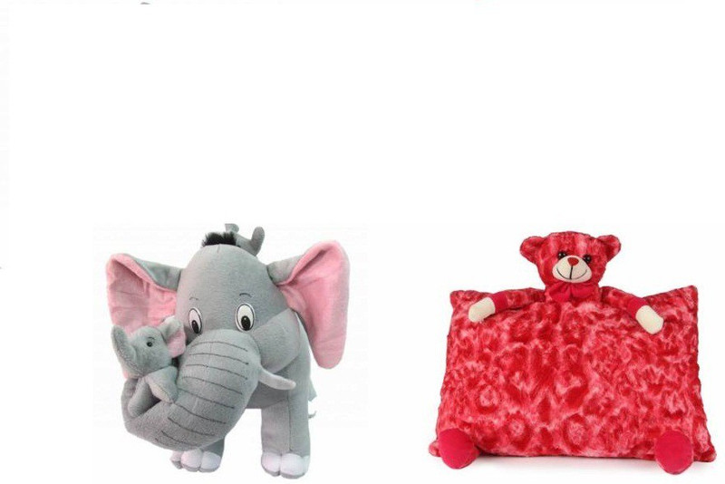 tajpur traders Mother Elephant With 2 Babies Soft Toy and Red pillow combo (Multicolor)  - 32(Multicolor)