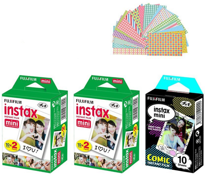 Fujifilm 2 packs Instax Mini White (10X2), 20 Stickers, Comic (10X1) Film Roll(Yes 800 ISO Pack of 3)