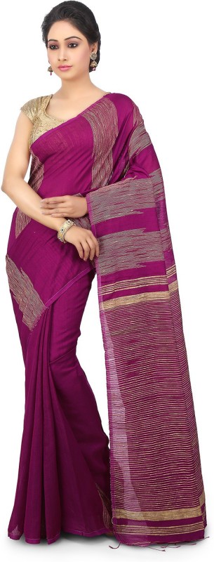 Aishika Striped Handloom Cotton Blend, Poly Silk Saree(Purple)
