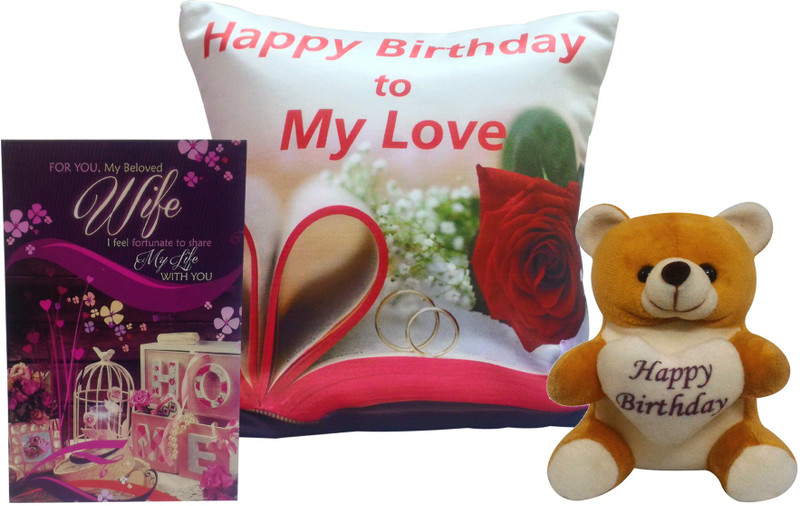 Natali Traders Birthday Gift For Wife - (Cushion Cover + Filler), Greeting Card & Soft Toy(Set of 3) Natali Traders Birthday Gift For Wife - (Cushion Cover + Filler), Greeting Card & Soft Toy(Set of 3)