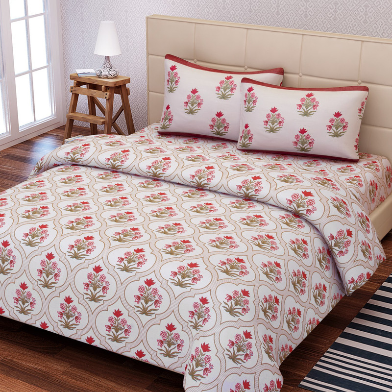 SEJ by Nisha Gupta 180 TC Cotton Double King Floral Bedsheet(1 Bedsheet, 2 Pillow Covers, Brown)