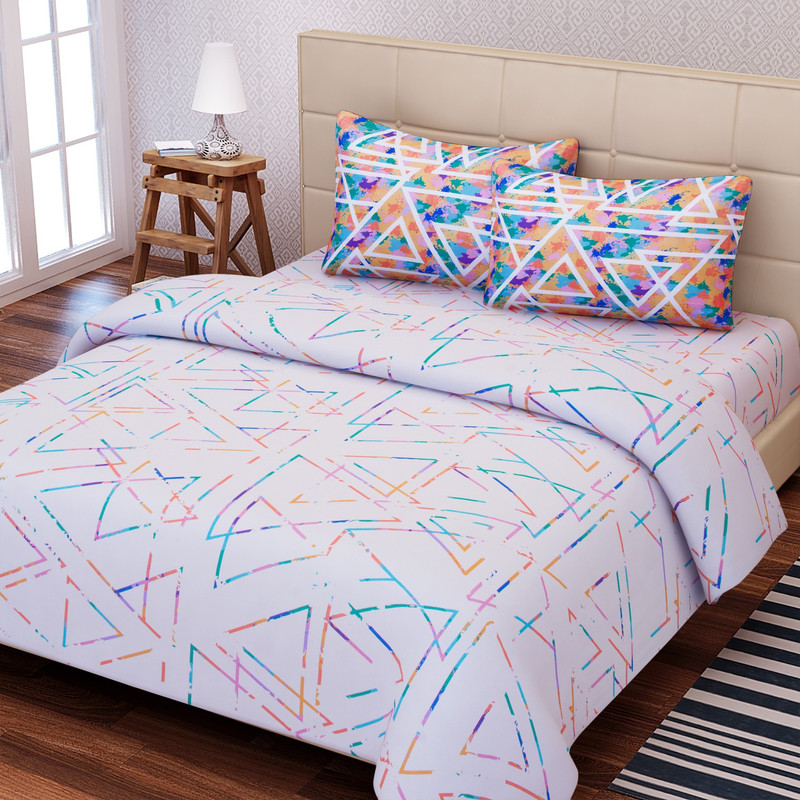 SEJ by Nisha Gupta 180 TC Cotton Double King Geometric Bedsheet(1 Bedsheet, 2 Pillow Covers, Blue)