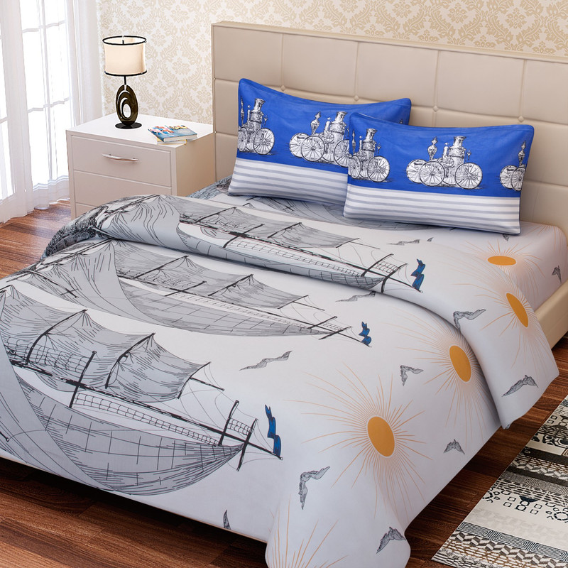 SEJ by Nisha Gupta 180 TC Cotton Double King Abstract Bedsheet(1 Bedsheet, 2 Pillow Covers, Blue)