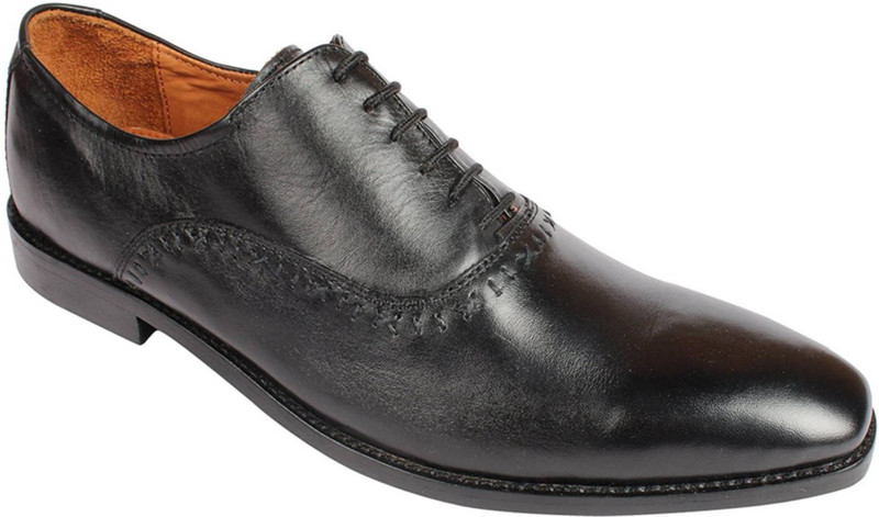kuts n crvs kuts n crvs black leather Formal shoes with matching black thread designs Lace Up For Men(Black)