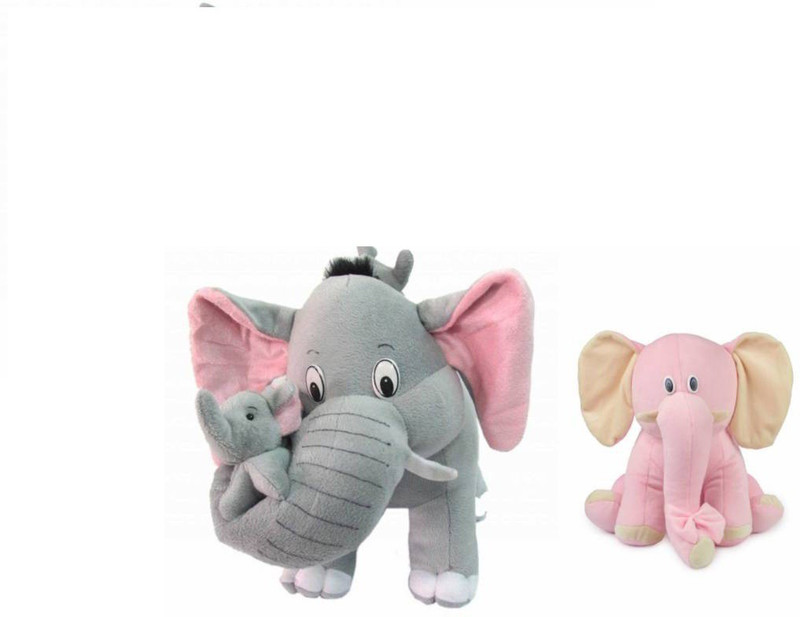tajpur traders Mother Elephant With 2 Babies Soft Toy and Pink Elephant combo - 38 cm (Multicolor)  - 38 cm(Multicolor)