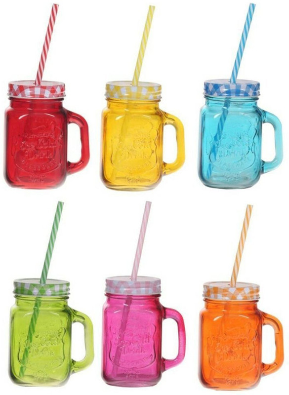 ezra Colorful Mason Jar For Drinks With "Re-Usable" Straws Cold Coffee 450 ML Glass Mug(450 ml, Pack of 6)