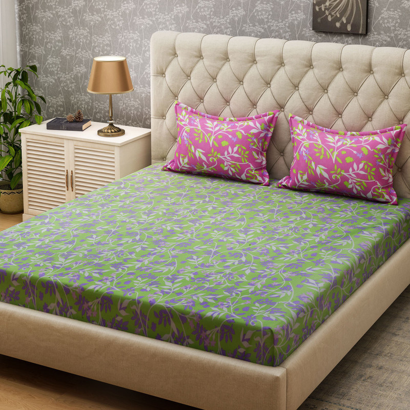 Bombay Dyeing 104 TC Cotton Double Abstract Bedsheet(1 Double Bedsheet + 2 Pilow Cover, Green)