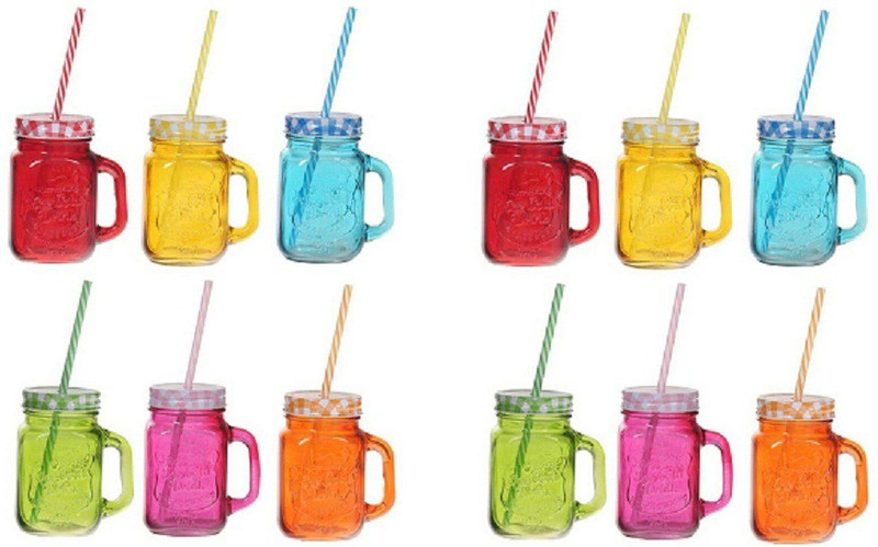 ezra Colorful Jar For Drinks With "Re-Usable" Straws Cold Coffee 450 ML, 12 Pcs Glass Mug(450 ml, Pack of 12)