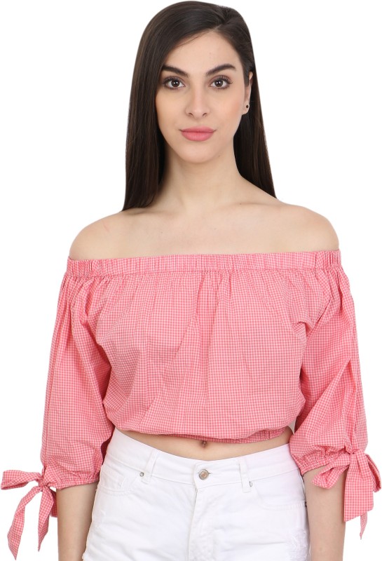 Cation Casual 3/4 Sleeve Checkered Women Pink Top