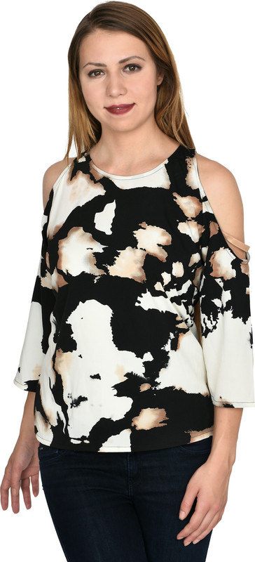 two lucky Casual 3/4 Sleeve Printed Women Black Top