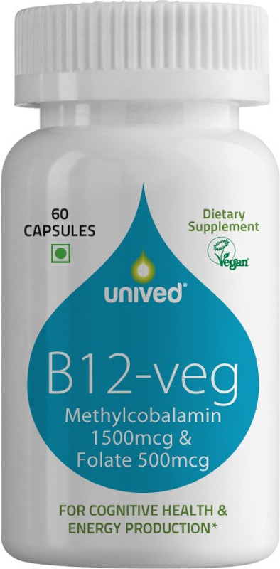 Unived Unived B12-veg, 1500mcg Methylcobalamin (99%), with 500mcg Methyltetrahydrofolate (5-MTHF), Brain Cells & Nerve Tissue Support,  60 servings, 60 Vegan Capsules(35 g)