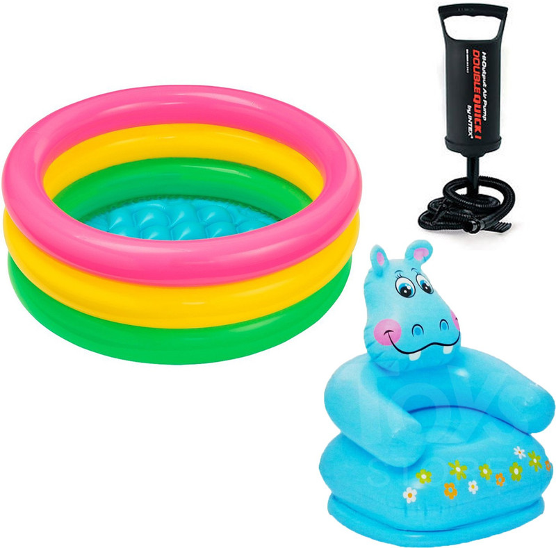 Intex ® Original Inflatable 2ft Water Tub Kids SwimmingPool With Kids Hippo Chair & Hand Pump Inflatable Pool(Multicolor)