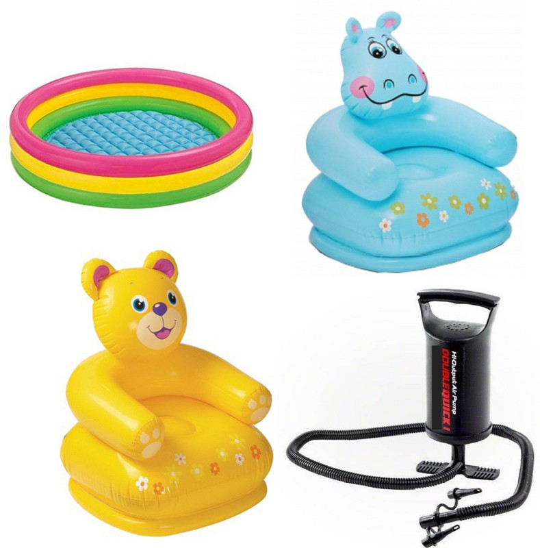 DINAARKAN COMBO OF 3 FEET BATH TUB AND 2.5 FEET INFLATABLE HIPPO AND TEDDY CHAIR WITH AIR PUMP(Multicolor)