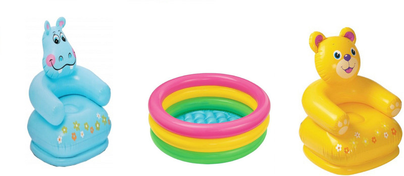 DINAARKAN COMBO OF 2 FEET BATH TUB AND 2.5 FEET INFLATABLE HIPPO AND TEDDY CHAIR(Multicolor)