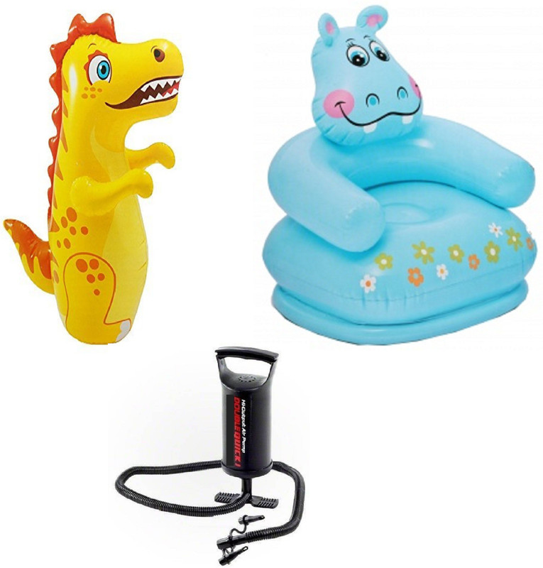 DINAARKAN COMBO OF 3 FEET INFLATABLE HIT ME DRAGON AND 2.5 FEET INFLATABLE HIPPO CHAIR WITH AIR PUMP(Blue, Black, Yellow)