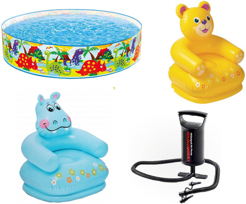 DINAARKAN COMBO OF 4 FEET BATH TUB AND 2.5 FEET INFLATABLE HIPPO AND TEDDY CHAIR WITH AIR PUMP(Multicolor)