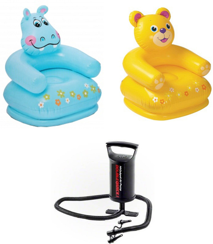 DINAARKAN COMBO OF 2.5 FEET INFLATABLE HIPPO CHAIR AND 2.5 FEET INFLATABLE TEDDY CHAIR WITH AIR PUMP(Blue, Black, Yellow)