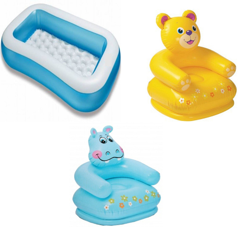 DINAARKAN COMBO OF 5 FEET BATH TUB AND 2.5 FEET INFLATABLE HIPPO AND TEDDY CHAIR(Blue, Yellow)