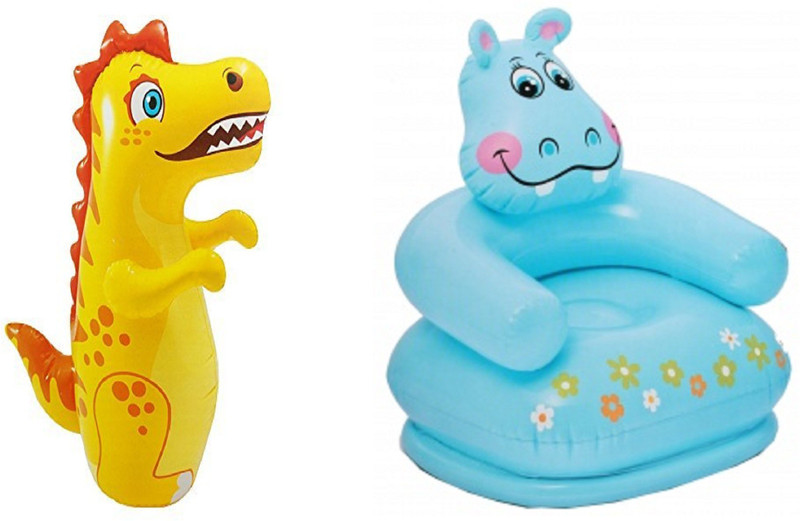 DINAARKAN COMBO OF 3 FEET INFLATABLE HIT ME DRAGON AND 2.5 FEET INFLATABLE HIPPO CHAIR(Blue)