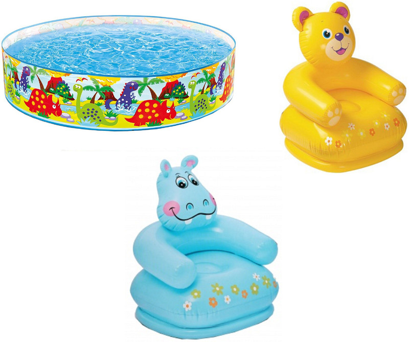 DINAARKAN COMBO OF 4 FEET BATH TUB AND 2.5 FEET INFLATABLE HIPPO AND TEDDY CHAIR(Multicolor)