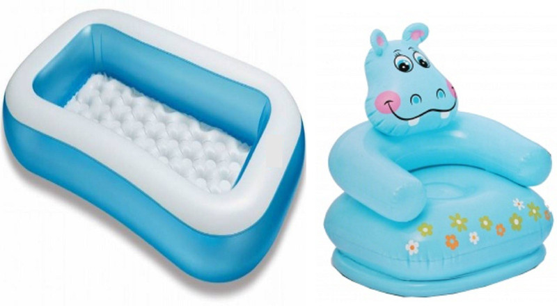DINAARKAN COMBO OF 5 FEET BATH TUB AND 2.5 FEET INFLATABLE HIPPO CHAIR(Blue)