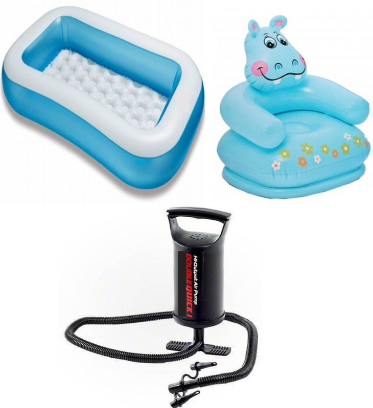 DINAARKAN COMBO OF 5 FEET BATH TUB AND 2.5 FEET INFLATABLE HIPPO CHAIR WITH AIR PUMP(Blue, Black)