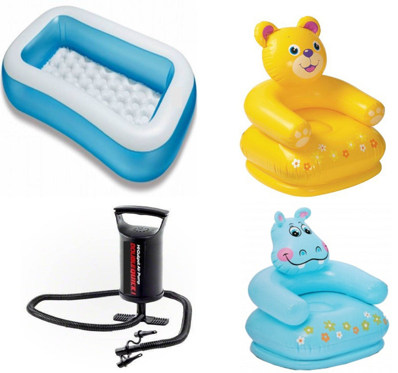 DINAARKAN COMBO OF 5 FEET BATH TUB AND 2.5 FEET INFLATABLE HIPPO AND TEDDY CHAIR WITH AIR PUMP(Blue, Black, Yellow)