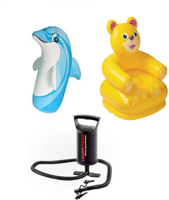 DINAARKAN COMBO OF 3 FEET INFLATABLE HIT ME DOLPHIN AND 2.5 FEET INFLATABLE TEDDY CHAIR WITH AIR PUMP(Blue, Black, Yellow)