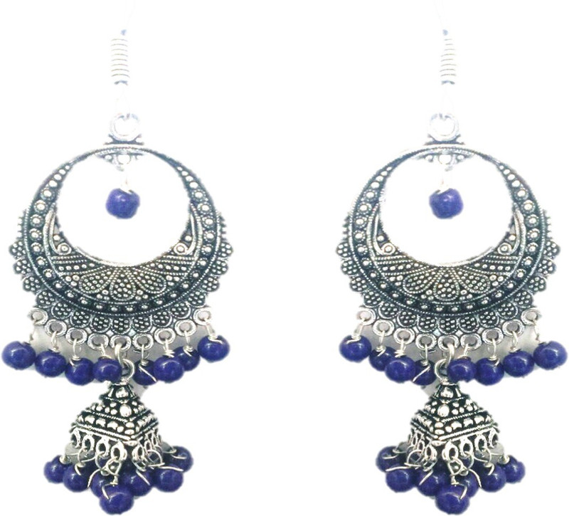 vishub creations Oxidized-silver chandbali jhumki earrings with dark blue beads. German Silver Chandbali Earring, Drops & Danglers
