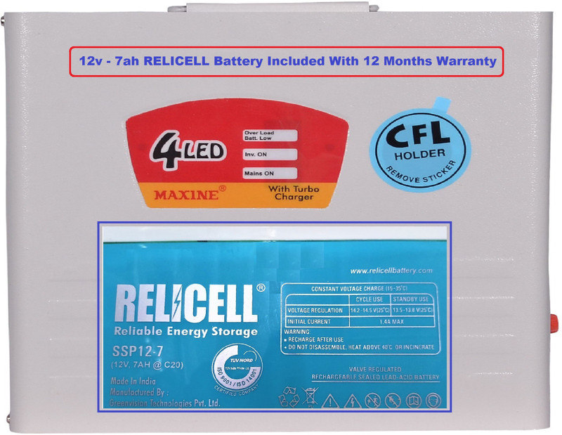 Maxine CFL HOME UPS (With RELICELL 12v 7ah Battery) 45w Square Wave Inverter