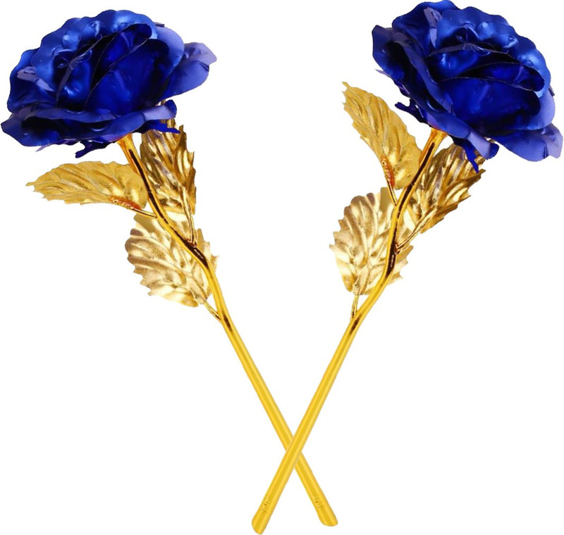 Encelade Blue Gold Plated Valentine gift Roses Blue, Gold Rose Artificial Flower(10 inch, Pack of 2)