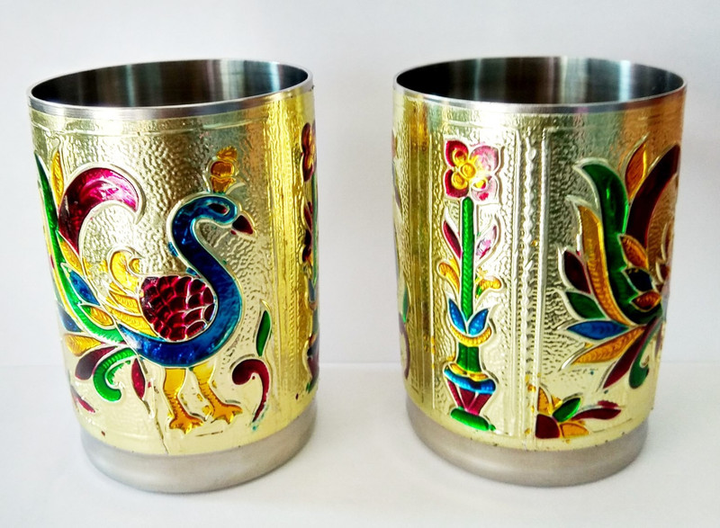ROYALS PRIDE MEENAKARI GLASS 2 A Glass Tray Set(STAINLESS STEEL)