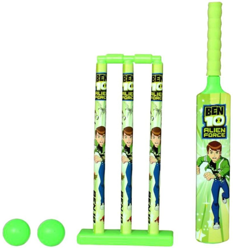 navkar Green Super Power Hero Ben 10 Cartoon Print Plastic Cricket Set For Kids Cricket Kit