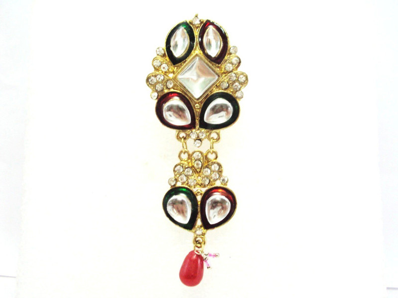 khubsurat Designer Saree Pin Brooch, Enameled, White Stone & Simulated Kundan Stud, Gold Tone with Drop Brooch(Multicolor)