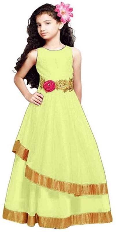 satyamfab Girls Maxi/Full Length Party Dress(Yellow, Sleeveless)