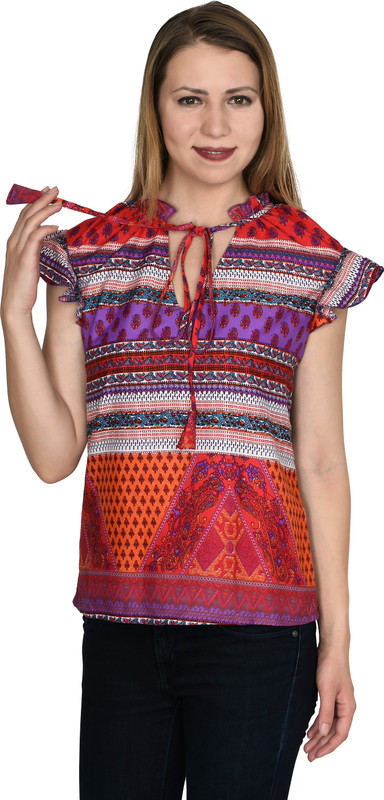 two lucky Casual Cap Sleeve Printed Women Red Top