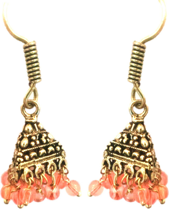 vishub creations Oxidized-silver gold tone triangular jhumki with orange beads German Silver Jhumki Earring