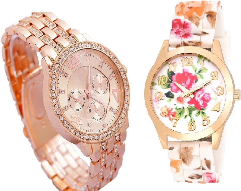 sooms Rhinestone Studded Analog rose gold Dial ARTIFICIAL CHRONOGRAPH WITH NEW GENEVA PLATINUM BIG SIZE DIAL -32 MM DIAMETER ladies party wear Analog Watch  - For Women