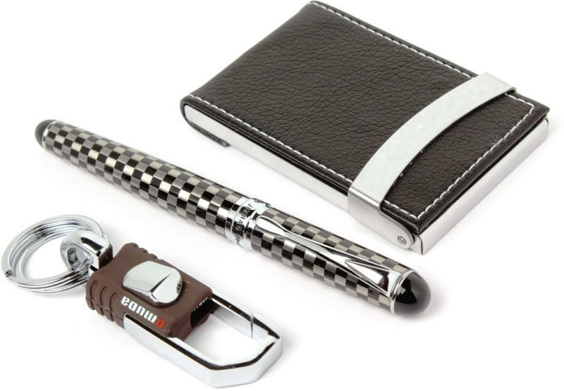 ledos ROYAL CHECKS DESIGNER FOUNTAIN PEN BLACK ATM CARD HOLDER & OMUDA KEYCHAIN NEW Pen Gift Set(Pack of 3)