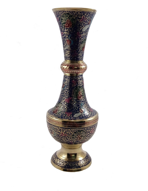 mozohub MOZO HUB Brass Navy Blue Flower vase Arbi pattern 30 cm Brass Vase(12 inch, Blue)