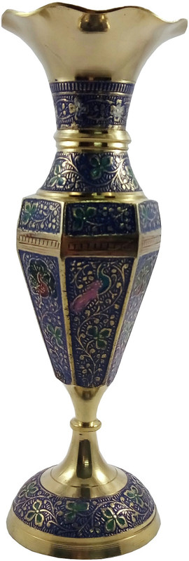 mozohub MOZO HUB Brass Navy Blue Flower vase Hexagon pattern 25 cm Brass Vase(10 inch, Blue)