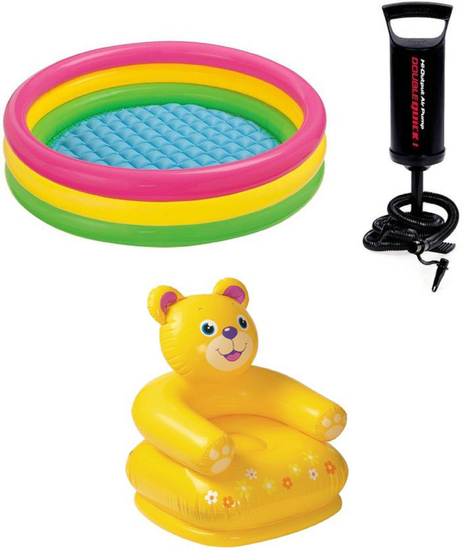 DINAARKAN COMBO OF 3 FEET BATH TUB AND 2.5 FEET INFLATABLE TEDDY BEAR CHAIR WITH AIR PUMP Inflatable Pool(Multicolor)