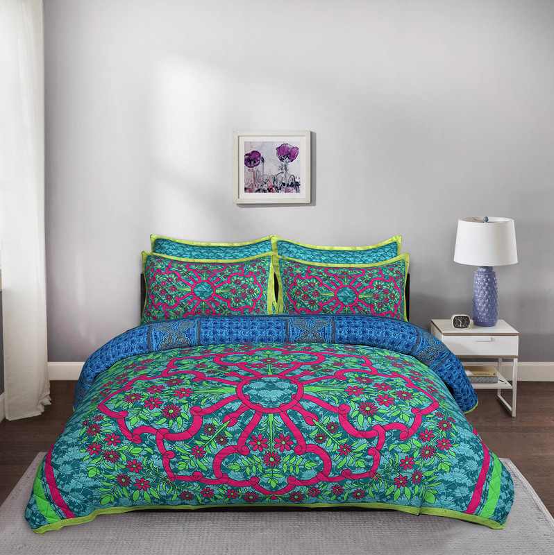 fatfatiya Silk King Bed Cover(Green, Pink, 1 Bedspread, 4 Pillows)