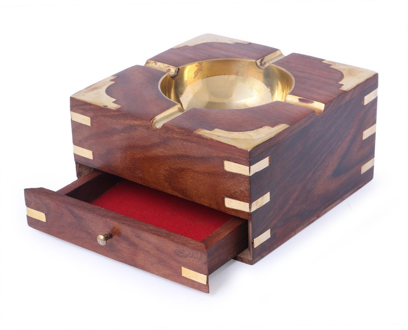 fabulo WOODEN ASH TRAY WITH CIG CASE DRAWER Brown Wood, Steel Ashtray(Pack of 1)