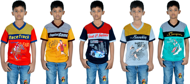 point7evan Boys Printed Polyester Viscose Blend T Shirt(Multicolor, Pack of 5)