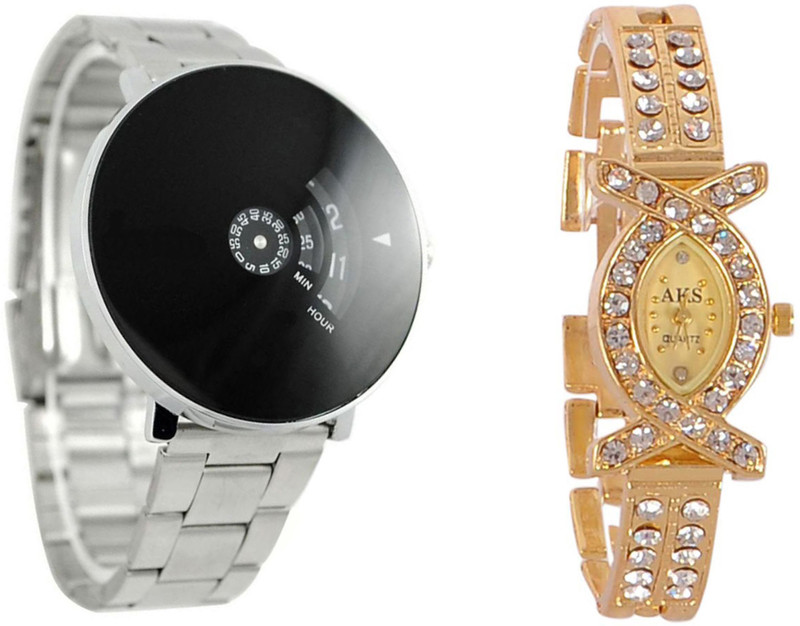 keepkart Blk Dial Stainless Still Strap With Golden Studed Diamond Couple Watches Combo For Boys ANd Girls Analog Watch  - For Men & Women